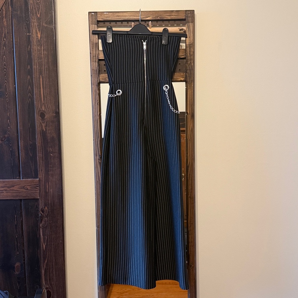 Another Reason Strapless Black Pinstripe Jumpsuit With Silver Chain View 5